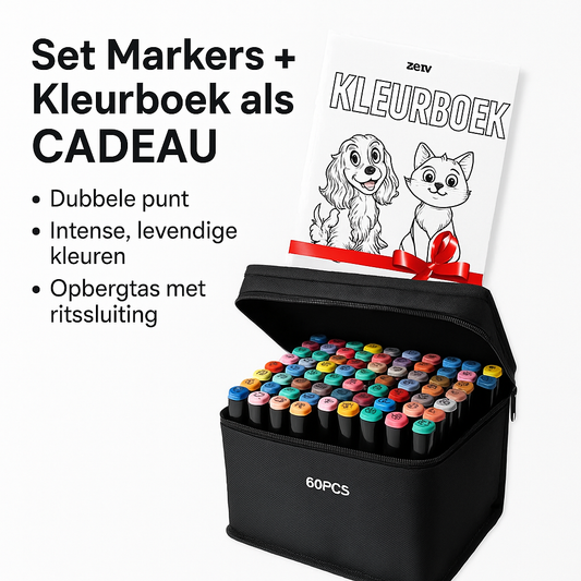 Set Markers + Kleurkaart als CADEAU – Dubbele Punt, Intense Kleuren, Opbergtas, Multicolor
