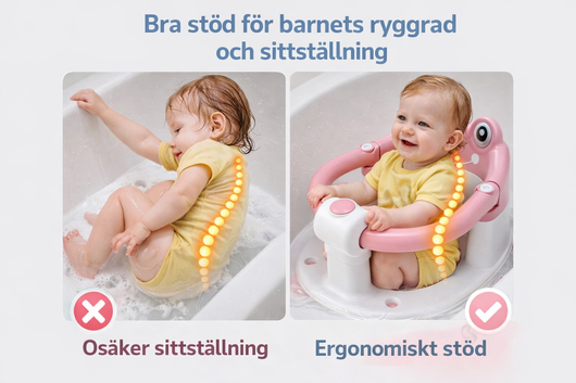 Velora BabyBath Pro™ Designen ger bra stöd för rygg och kropp så barnet sitter tryggt