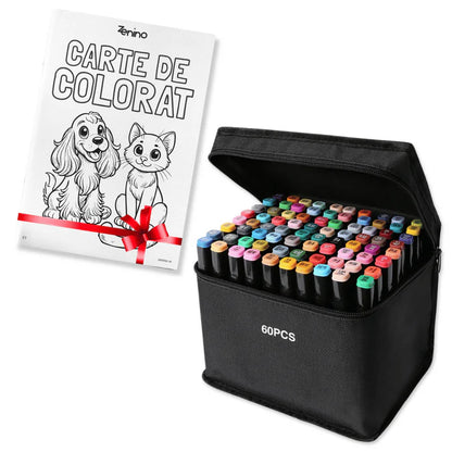 Set med Markörer + Gratis Färgläggningsbok – Dubbelspets, Intensiva Färger, Förvaring i Väska, Multicolor