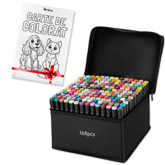 Set med Markörer + Gratis Färgläggningsbok – Dubbelspets, Intensiva Färger, Förvaring i Väska, Multicolor