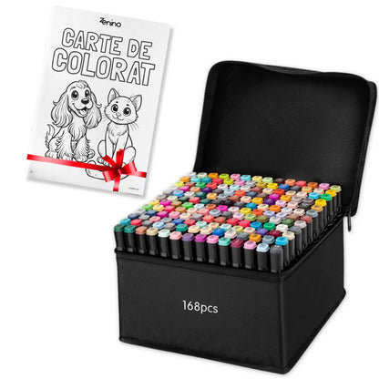 Set med Markörer + Gratis Färgläggningsbok – Dubbelspets, Intensiva Färger, Förvaring i Väska, Multicolor