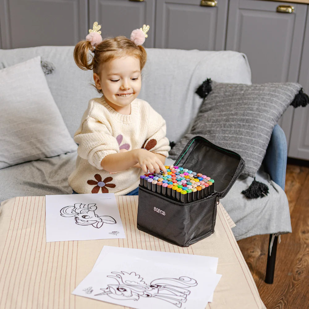 Set Markers + Kleurkaart als CADEAU – Dubbele Punt, Intense Kleuren, Opbergtas, Multicolor