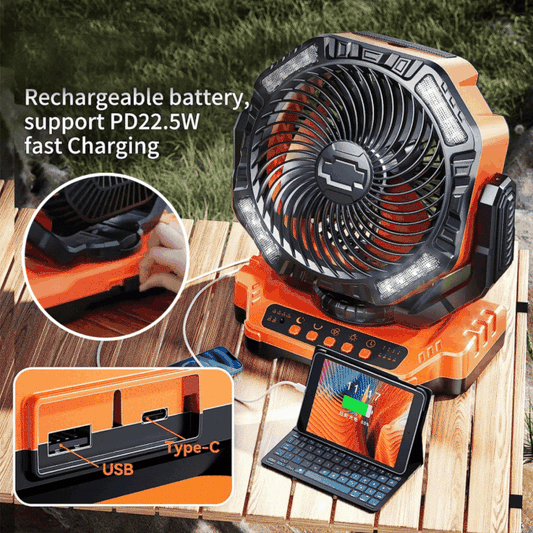 AeroFlow™ - Oppladbar vifte med innebygd strømbank og LED-lys | 35% Rabatt